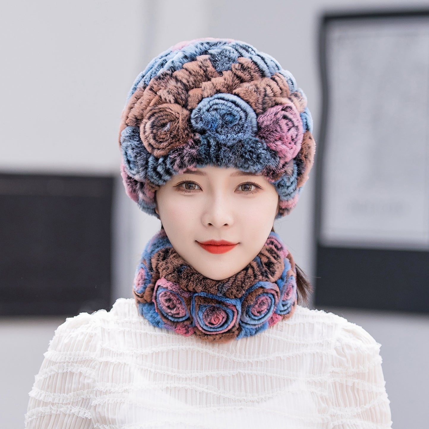 Winter Warm Rex Rabbit Fur Hat Scarf Suit