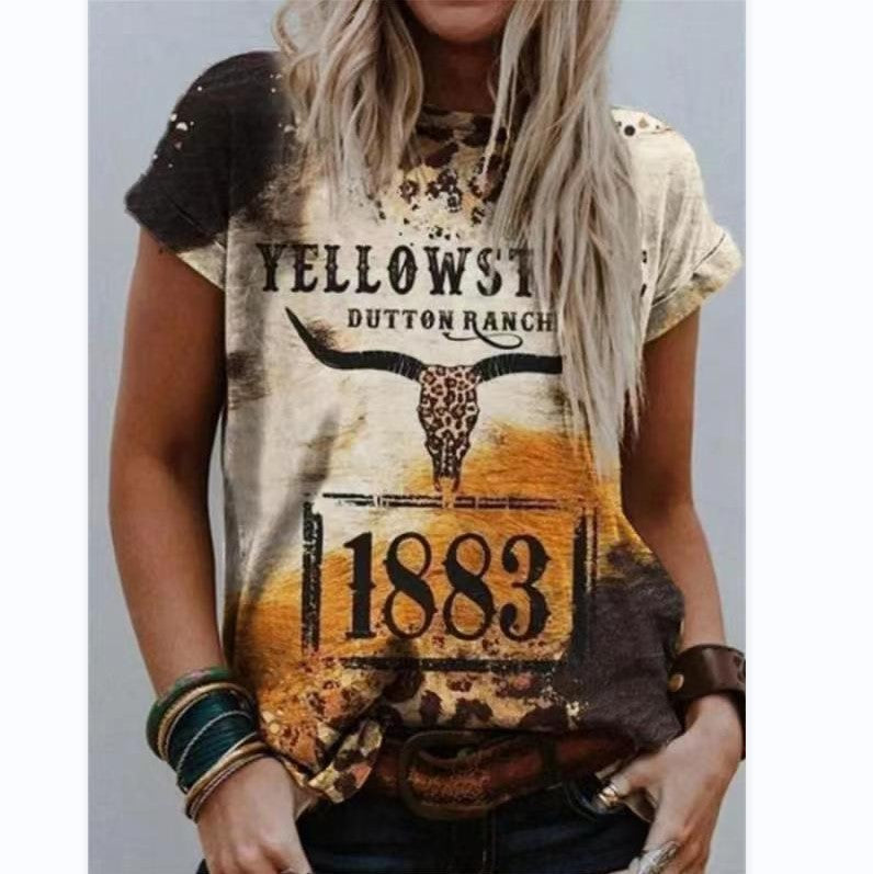 Women's T-shirt Summer Irregular Digital Printing Fashion Loose V-neck Color Short Sleeve Top