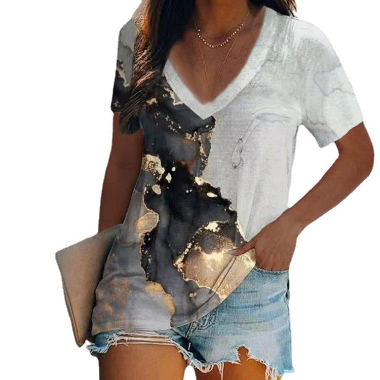 Women's T-shirt Summer Irregular Digital Printing Fashion Loose V-neck Color Short Sleeve Top