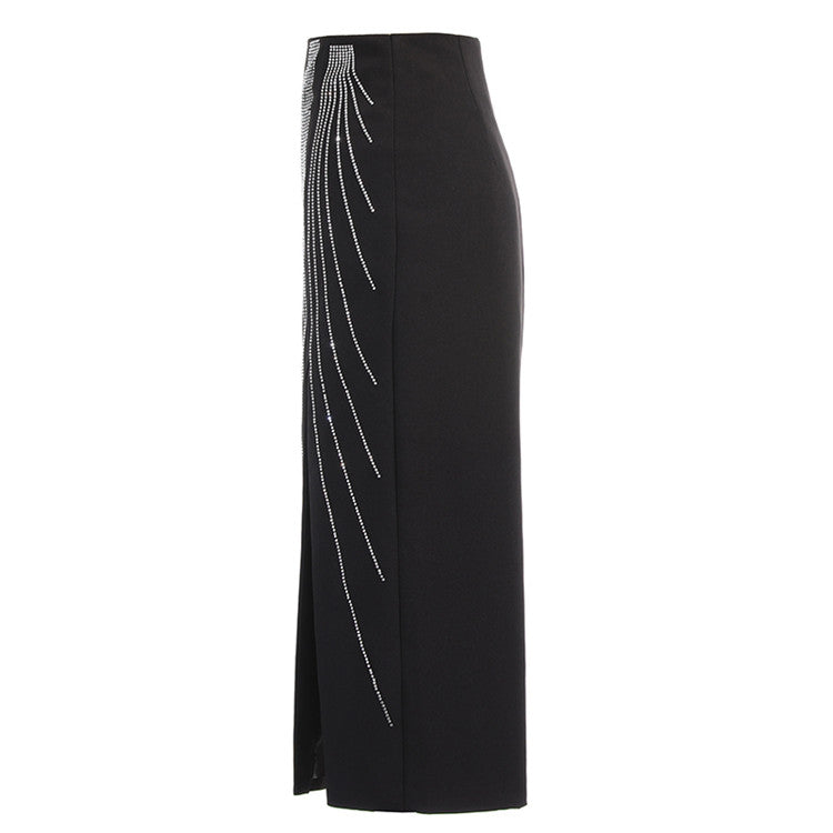 Hot Rhinestone Asymmetric Side Slit Temperament Ladies Style Skirt