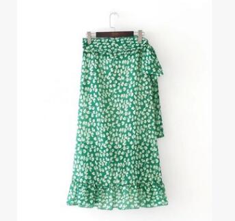 Ruffle leaf print wrap skirt women Sash tie up beach summer skirt