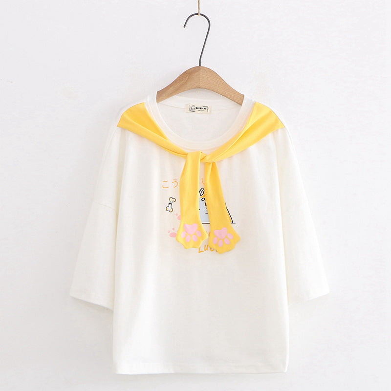 Tie Cat Paw Cartoon Print Short-sleeved Cotton T-shirt Women