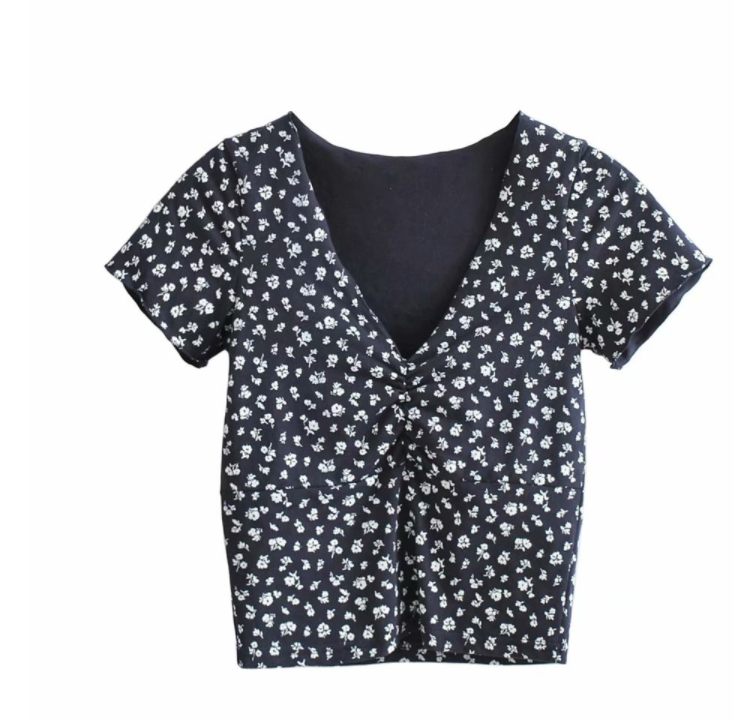 Small Floral Sexy V-neck Pleated Short-sleeved T-shirt