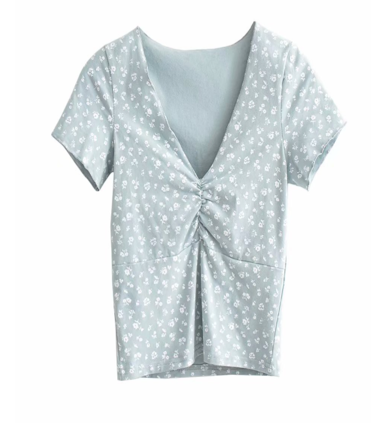Small Floral Sexy V-neck Pleated Short-sleeved T-shirt