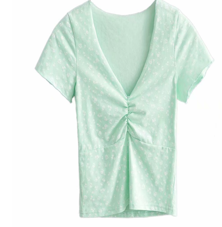 Small Floral Sexy V-neck Pleated Short-sleeved T-shirt