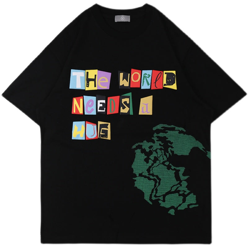 Colored Foam Letter Earth Block Printing Men's And Women's Loose Casual Style Short Sleeves