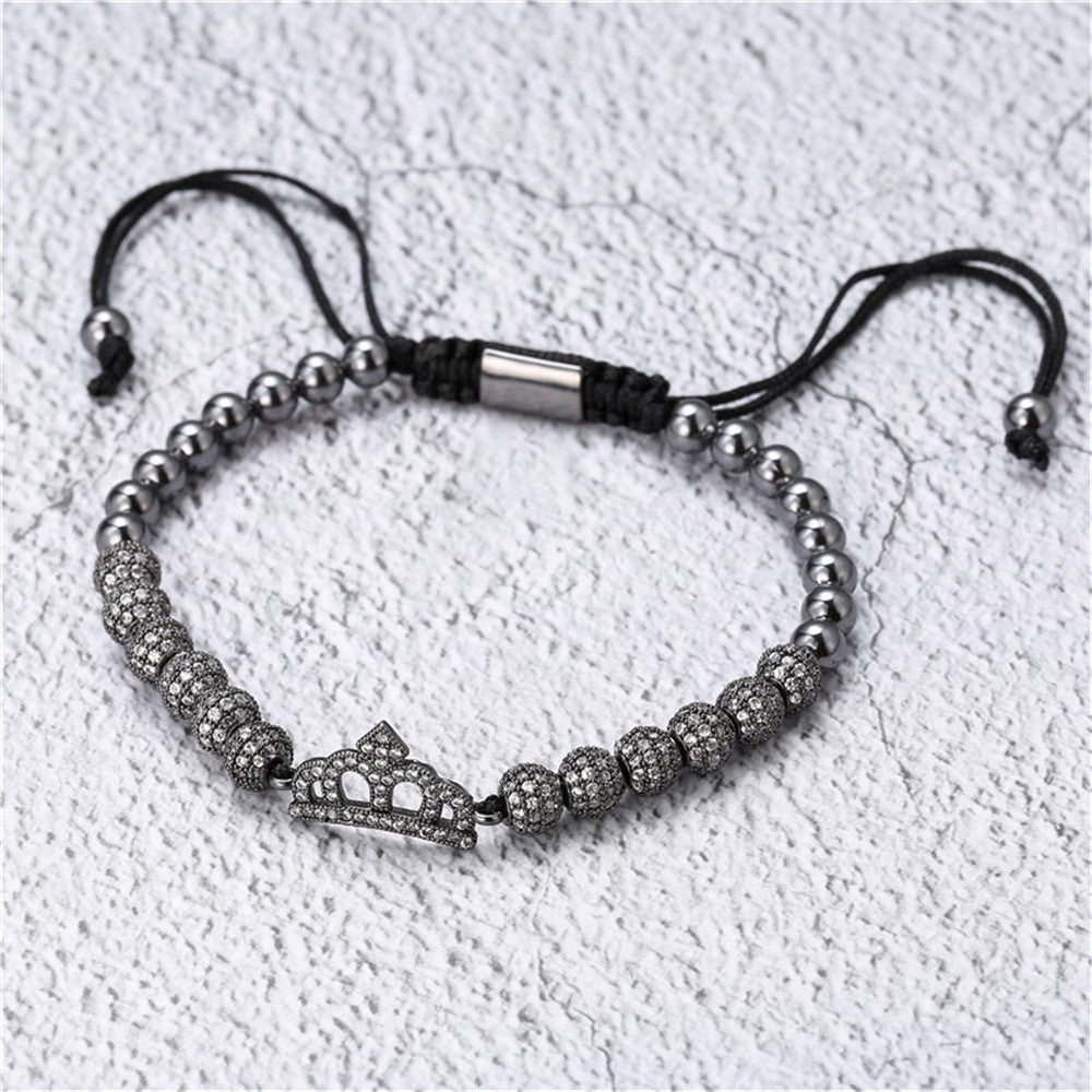 Cubic Micro Pave CZ Crown Charm & 4mm Round Beads Braided Macrame Men Bracelet