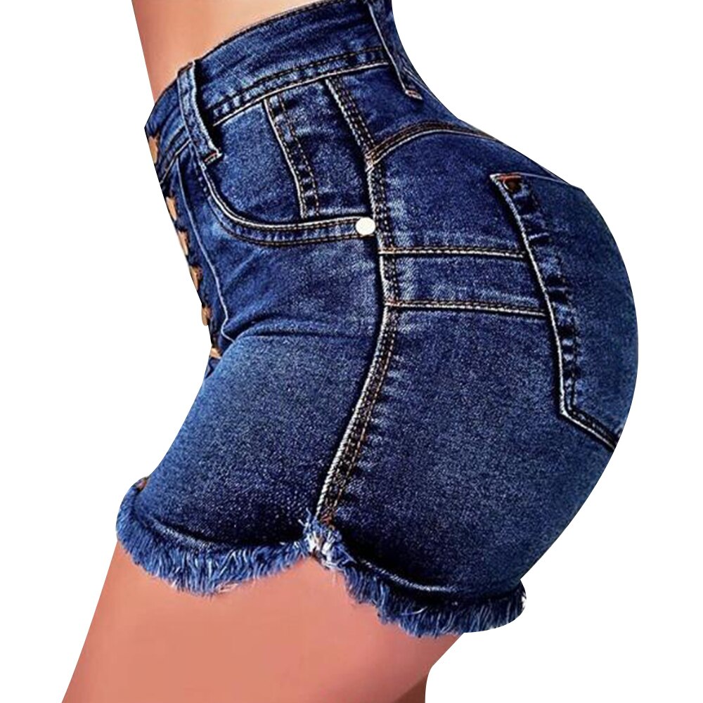 High-waisted dark blue hot pants with frayed edges