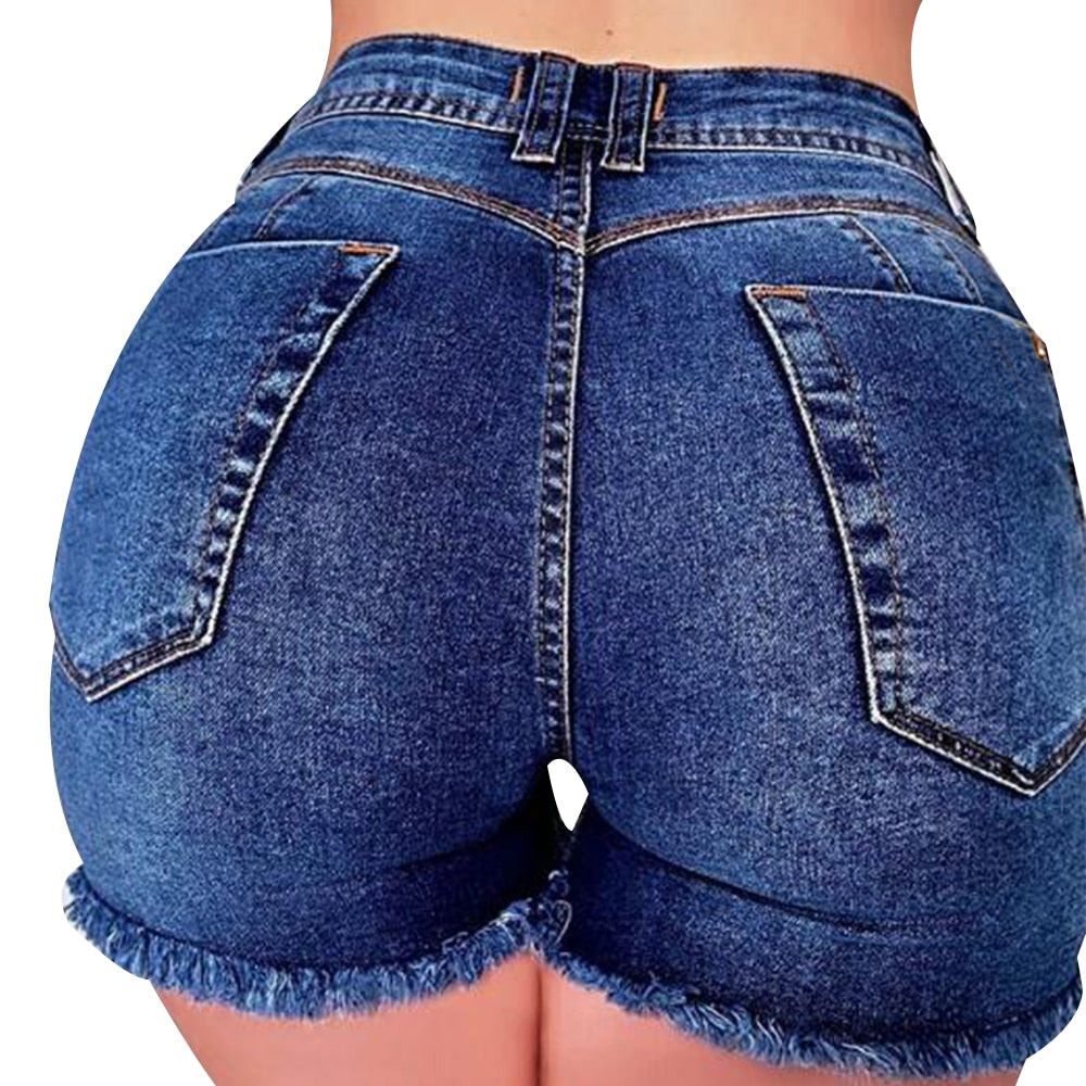 High-waisted dark blue hot pants with frayed edges