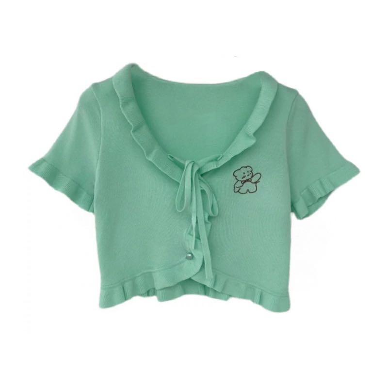 Cute Bear Embroidered Ruffled Soft Knitted Short-sleeved Crop Top