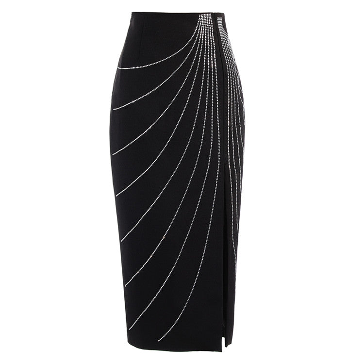 Hot Rhinestone Asymmetric Side Slit Temperament Ladies Style Skirt