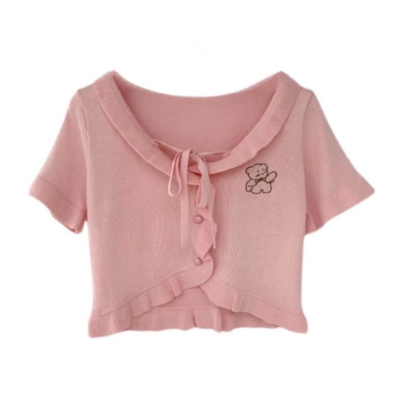 Cute Bear Embroidered Ruffled Soft Knitted Short-sleeved Crop Top