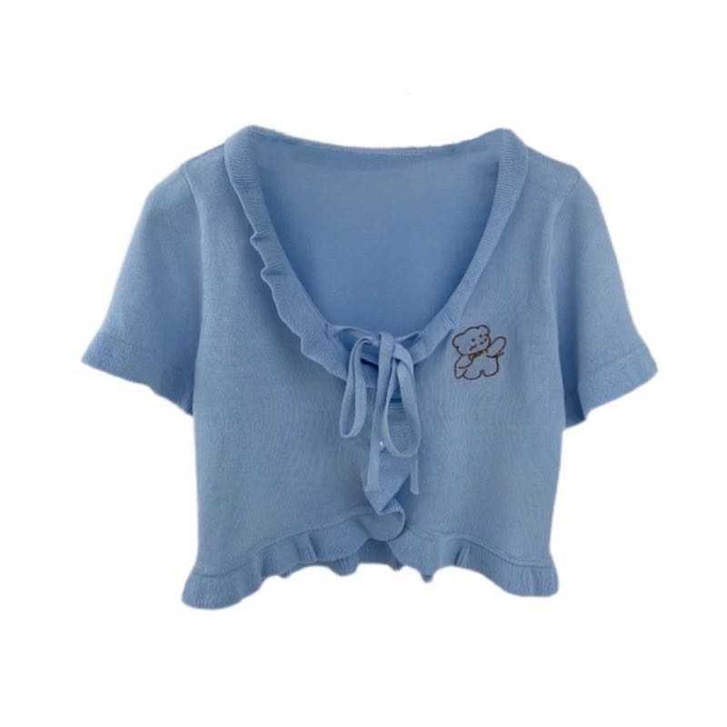 Cute Bear Embroidered Ruffled Soft Knitted Short-sleeved Crop Top