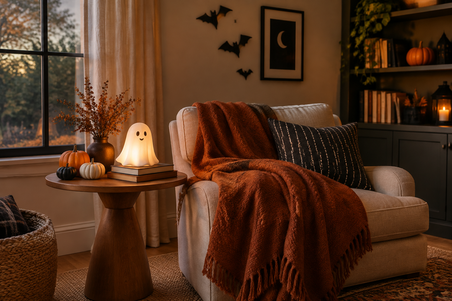 Cozy Halloween reading nook with a friendly ghost-shaped lamp, small pumpkins, books, and a rust-colored throw.