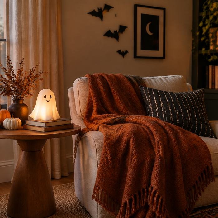 Cozy Halloween reading nook with a friendly ghost-shaped lamp, small pumpkins, books, and a rust-colored throw.
