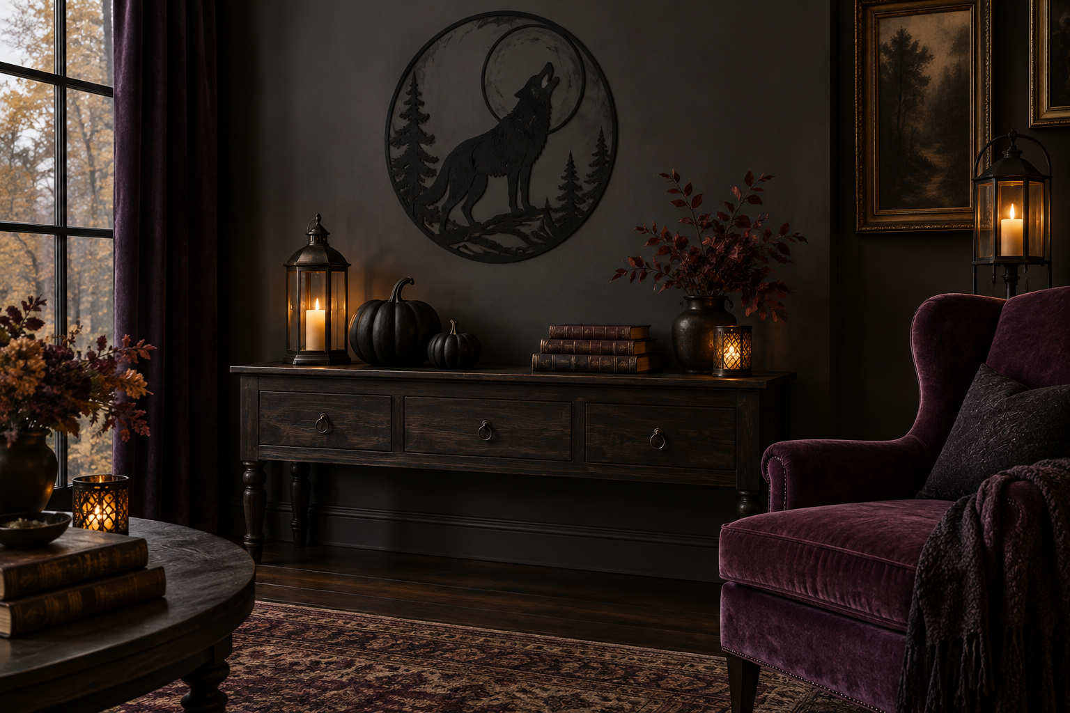 Gothic Halloween living room inspiration with wolf silhouette wall art, black pumpkins, warm lanterns, and a plum armchair.