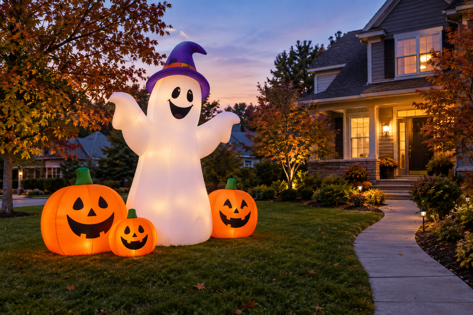 Halloween yard inspiration with illuminated ghost and pumpkin inflatables beside a clear walkway at twilight.