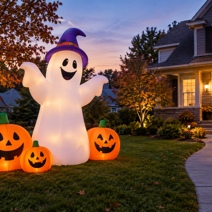 Halloween yard inspiration with illuminated ghost and pumpkin inflatables beside a clear walkway at twilight.