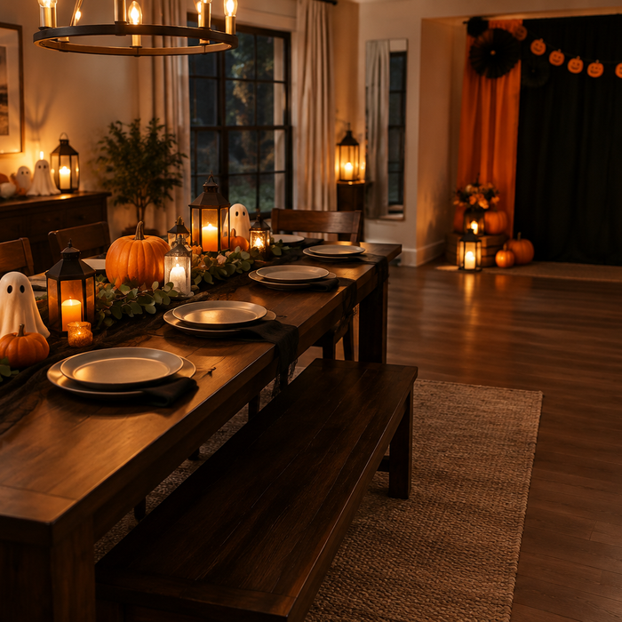 Home Halloween party setup with pumpkin and ghost accents, warm lantern lighting, a serving table, and a separate photo corner.