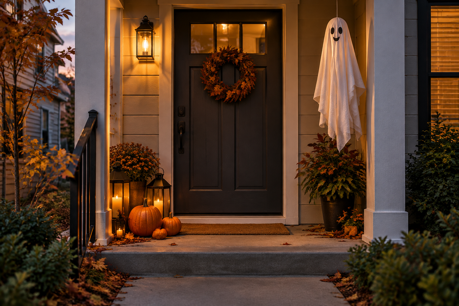 Compact Halloween porch with pumpkins, a friendly hanging ghost, and warm lantern lighting beside a dark front door.