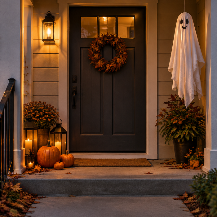Compact Halloween porch with pumpkins, a friendly hanging ghost, and warm lantern lighting beside a dark front door.