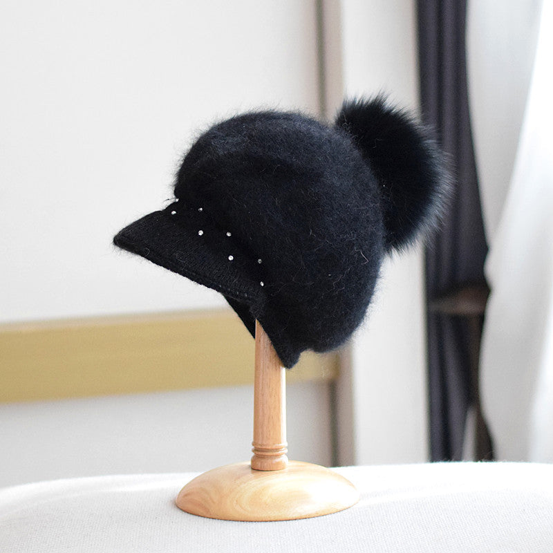 Autumn And Winter Fox Fur Ball Hat Fashion Bead Rabbit Fur Knitted Peaked Cap Women