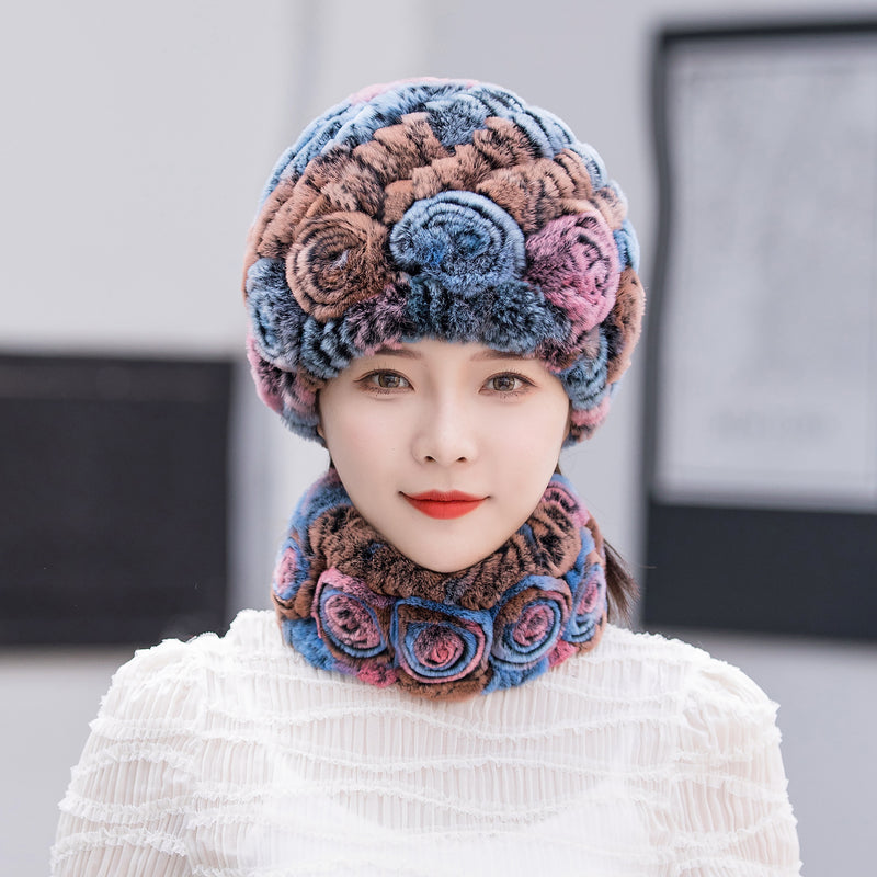 Winter Warm Rex Rabbit Fur Hat Scarf Suit