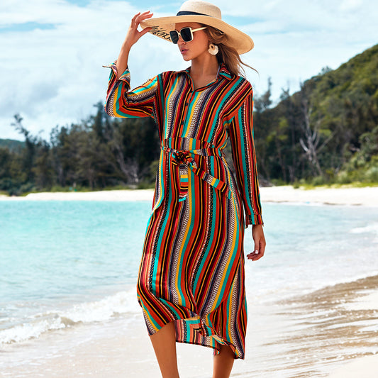 Cover The Flesh And Show The Thin Color Striped Beach Skirt Seaside Vacation Long-Sleeved Sun Protection Clothing Long Shirt Swimsuit Coverall Jacket