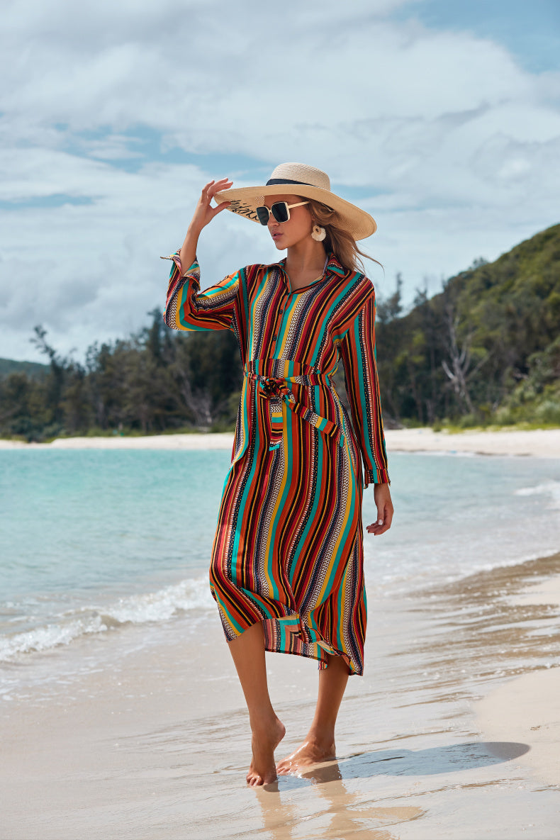 Cover The Flesh And Show The Thin Color Striped Beach Skirt Seaside Vacation Long-Sleeved Sun Protection Clothing Long Shirt Swimsuit Coverall Jacket