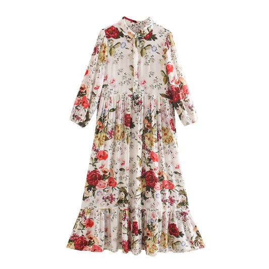 European And American Women's Clothing Flower Print Long Sleeve Dress