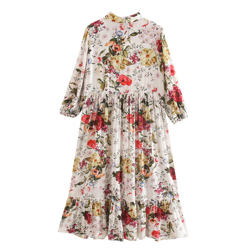 European And American Women's Clothing Flower Print Long Sleeve Dress