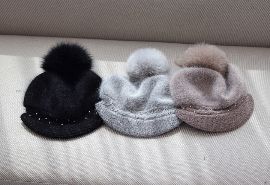 Autumn And Winter Fox Fur Ball Hat Fashion Bead Rabbit Fur Knitted Peaked Cap Women