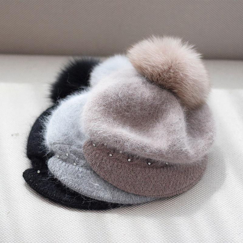 Autumn And Winter Fox Fur Ball Hat Fashion Bead Rabbit Fur Knitted Peaked Cap Women