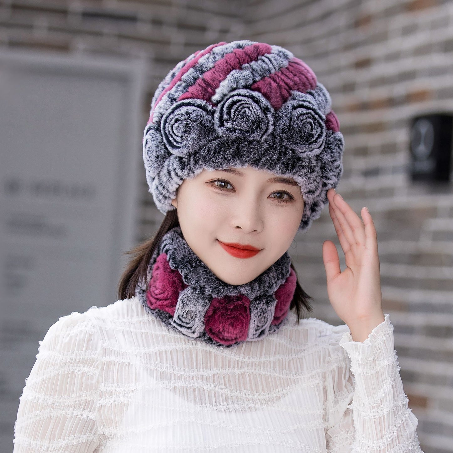 Winter Warm Rex Rabbit Fur Hat Scarf Suit