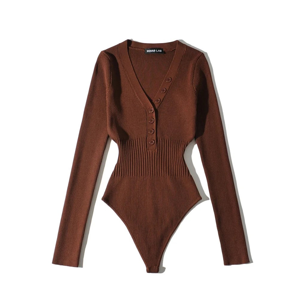 Bottoming Deep V-neck Buckle Waist-controlled Long Sleeves Jumpsuit