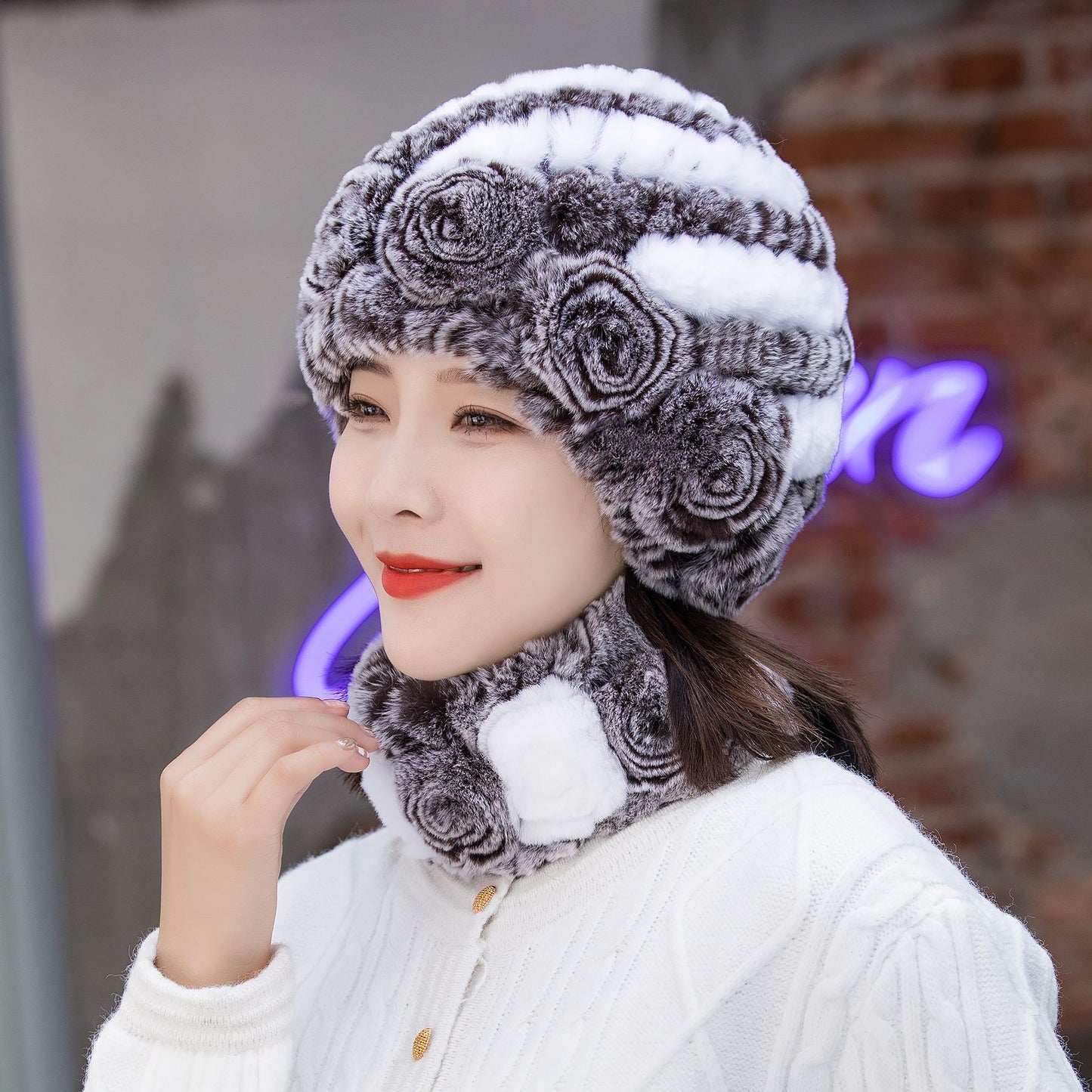 Winter Warm Rex Rabbit Fur Hat Scarf Suit