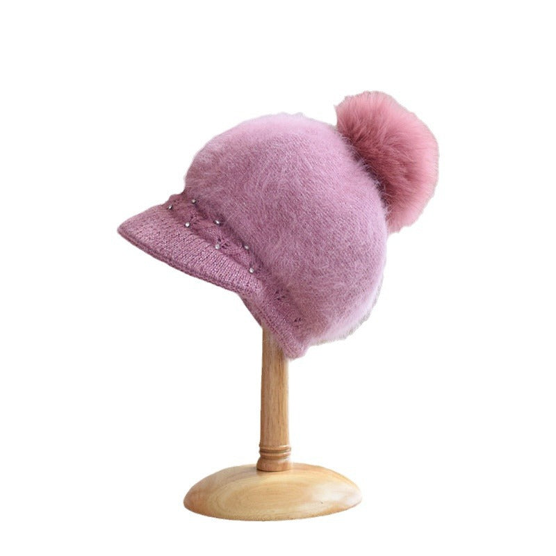 Autumn And Winter Fox Fur Ball Hat Fashion Bead Rabbit Fur Knitted Peaked Cap Women