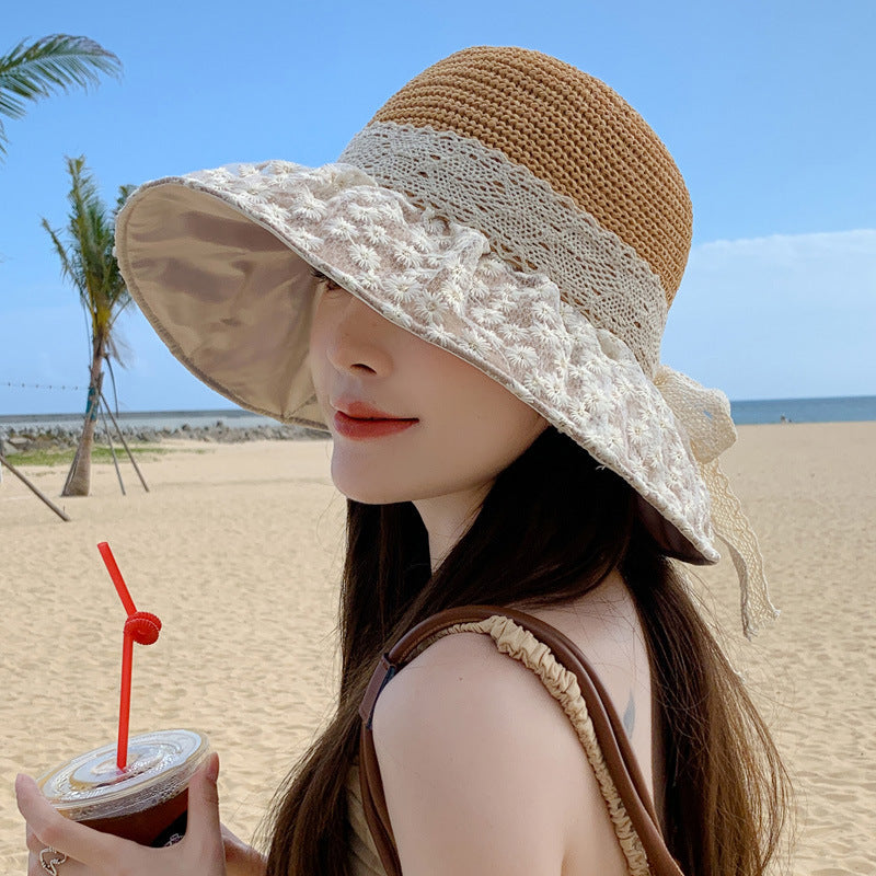 Lace Bow Straw Fisherman Hat Summer Outdoor Sunhat With Large Brim Anti-UV Sunshade And Face Protection Hat