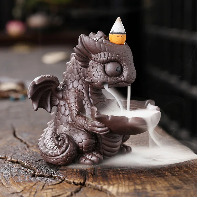 1pc Creative Cute Dinosaur Handicrafts Waterfall Backflow Incense Burner Purple Clay Dragon Censer - Without Incense