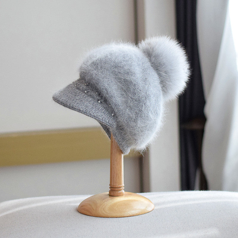 Autumn And Winter Fox Fur Ball Hat Fashion Bead Rabbit Fur Knitted Peaked Cap Women