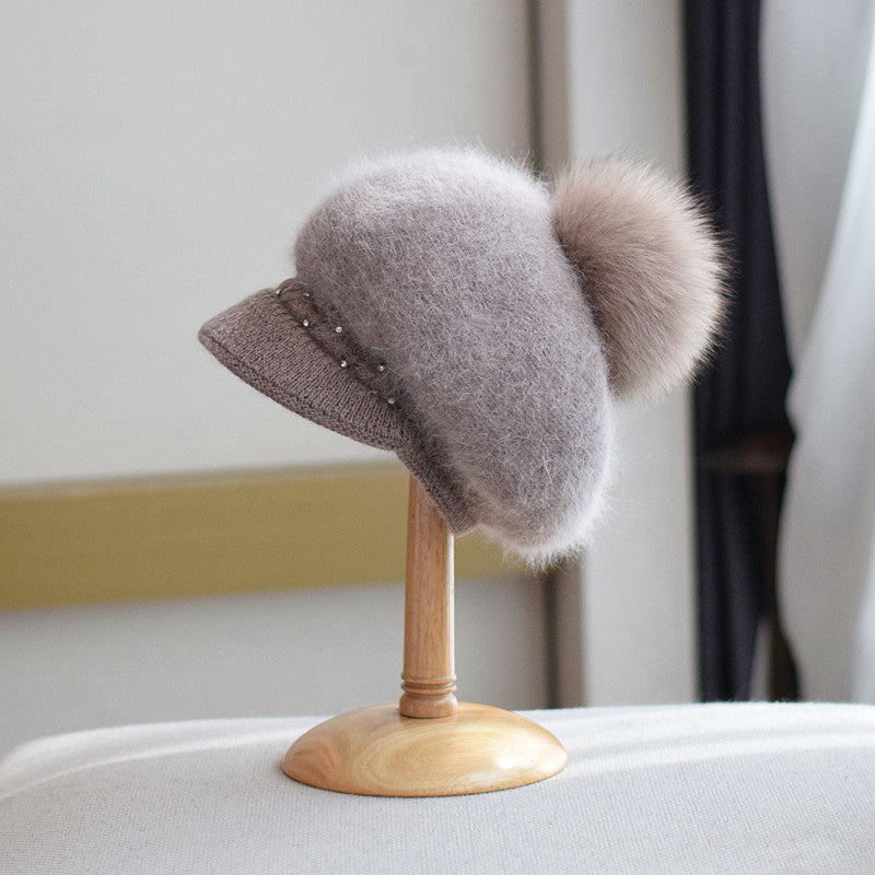 Autumn And Winter Fox Fur Ball Hat Fashion Bead Rabbit Fur Knitted Peaked Cap Women