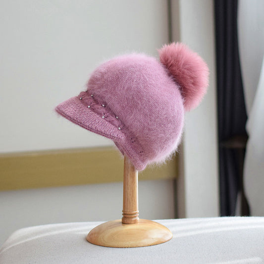 Autumn And Winter Fox Fur Ball Hat Fashion Bead Rabbit Fur Knitted Peaked Cap Women