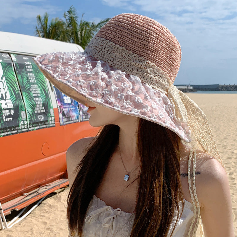 Lace Bow Straw Fisherman Hat Summer Outdoor Sunhat With Large Brim Anti-UV Sunshade And Face Protection Hat