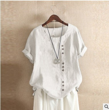 Retro Plus Size Casual Loose Cotton And Linen Short-sleeved Pullover T-shirt