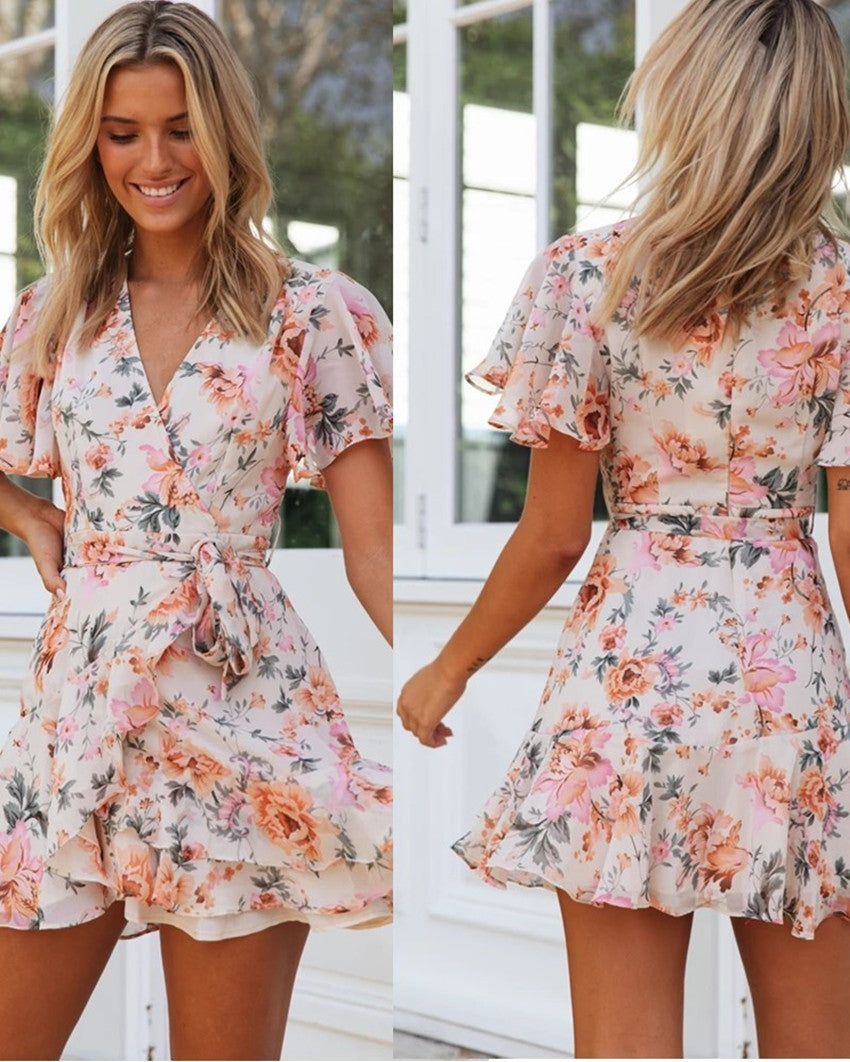 V-neck Printed Casual Bohemia Style Sexy Boho Women Casual Short Dress