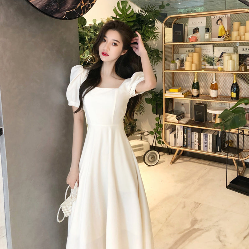 French Retro Long Skirt Temperament Waist Waist Square Collar Dress Women