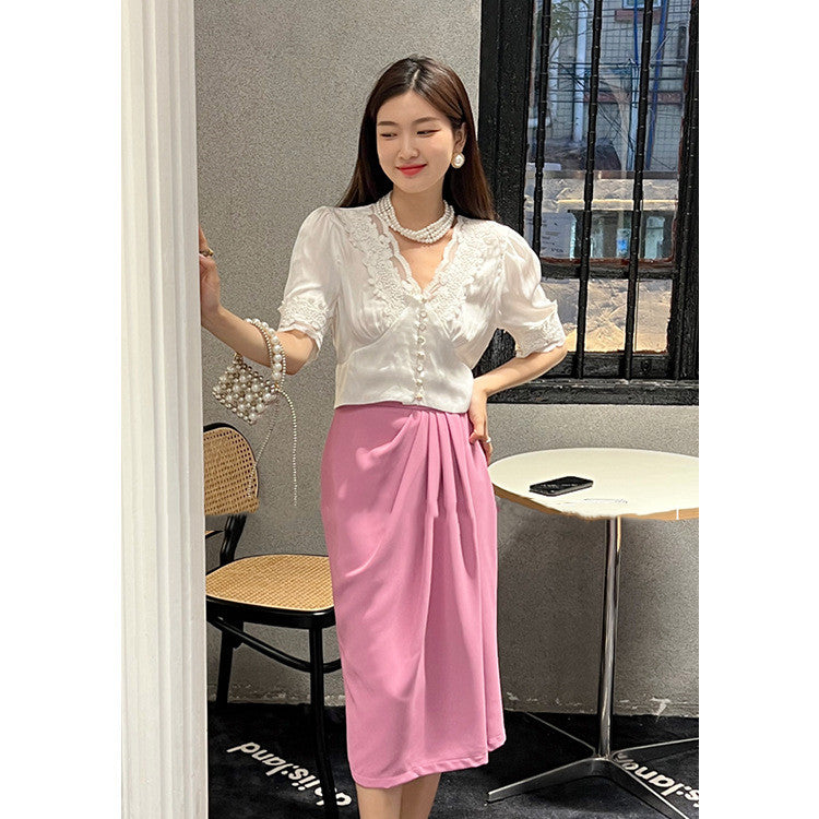 Women's High Waist Mid Length Solid Color Skirt