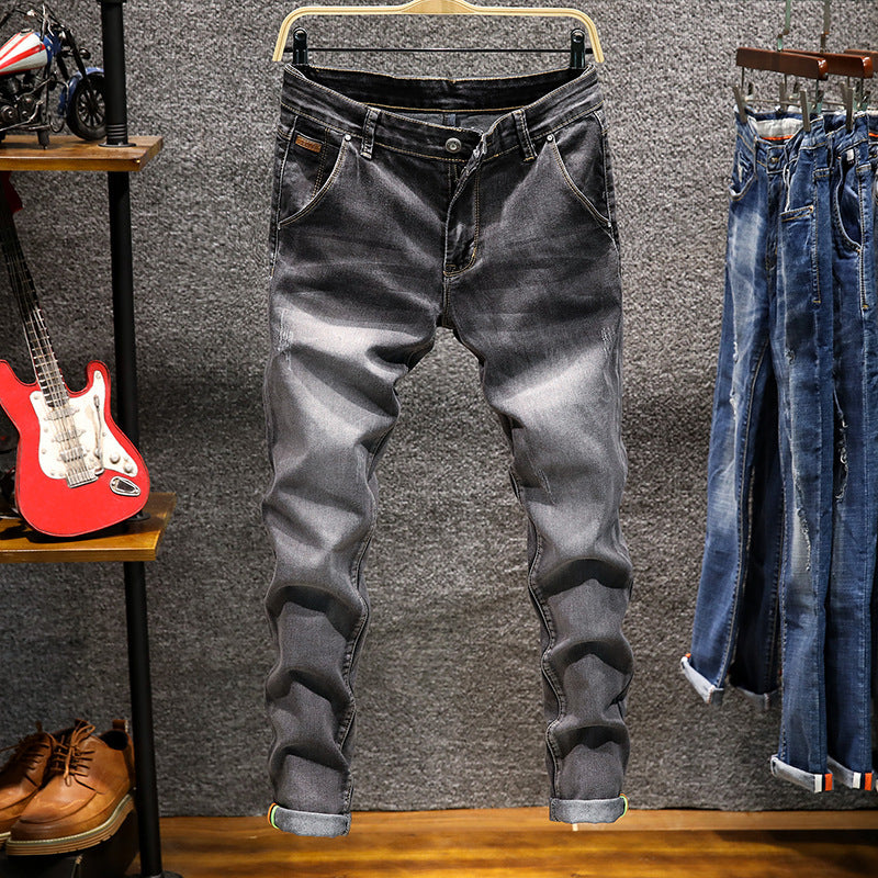 Men's Denim Trousers Solid Color Slim Casual Retro