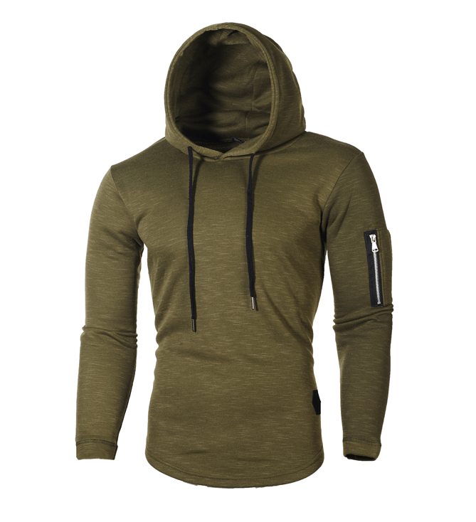 Solid color round neck hooded arm zipper stitching European and American long T-shirt