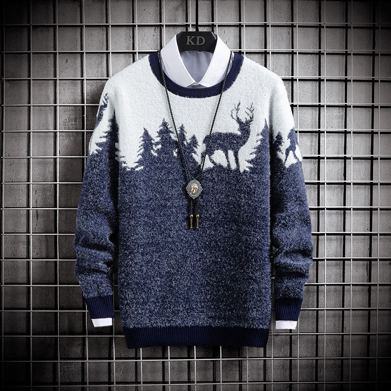 Men's Knit Sweater Round Neck Pullover Jacquard Sweater